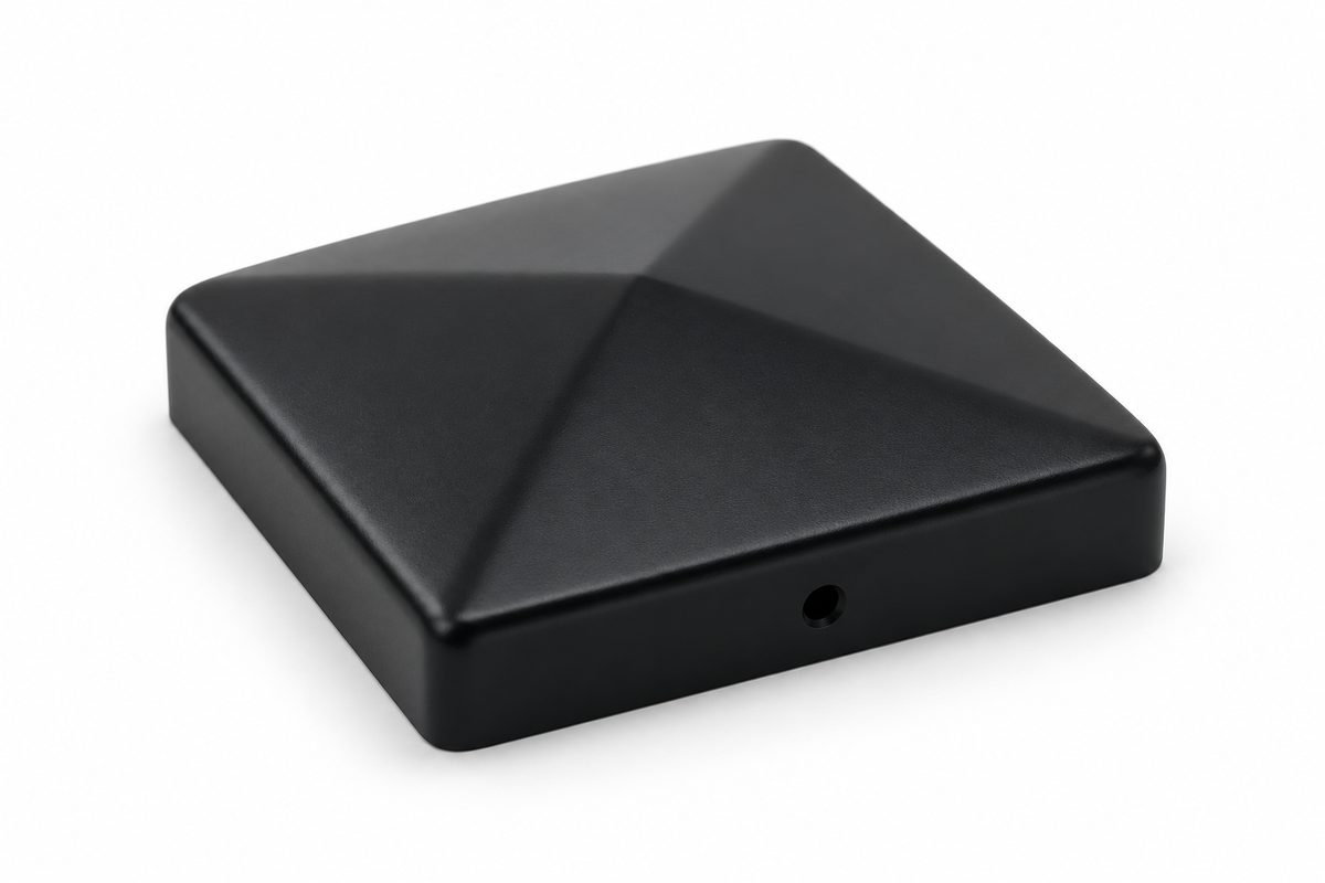 Pfostenkappe Pyramide 91 mm Stahl Verzinkt Schwarz Pulverbeschichtet – Inklusive 2 schwarzer Schrauben (4,8 x 32 mm)