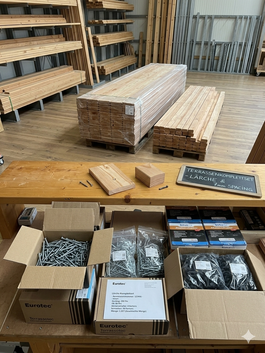 Terrassenkomplettset aus heimischer Lärche inklusive Unterkonstruktion aus Holz und Aluminium mit passenden Edelstahlschrauben und Abstandshaltern